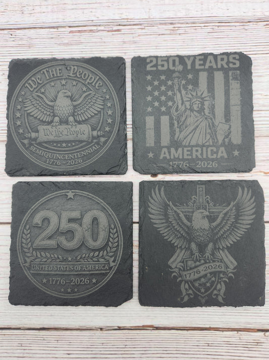 Celebrate America's 250th Anniversary with this engraved slate coaster set featuring four patriotic designs honoring the United States Semiquincentennial (1776–2026). These laser engraved natural slate coasters make perfect America 250 gifts, patriotic home décor, Fourth of July decorations, veteran gifts, military family gifts, and commemorative keepsakes.
Ideal for home bars, offices, man caves, patriotic celebrations, and collectors looking to commemorate this historic milestone.