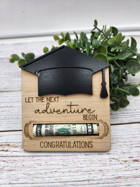 Let the Adventure Begin Graduation Money Holder | Class of 2025 Gift | Wooden Grad Card Alternative