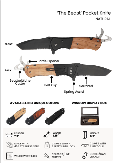Personalized multi-tool rescue pocket knife with bottle opener, seatbelt cutter, window breaker, and spring-assisted blade. Perfect for corporate gifts, groomsmen gifts, and everyday carry.
