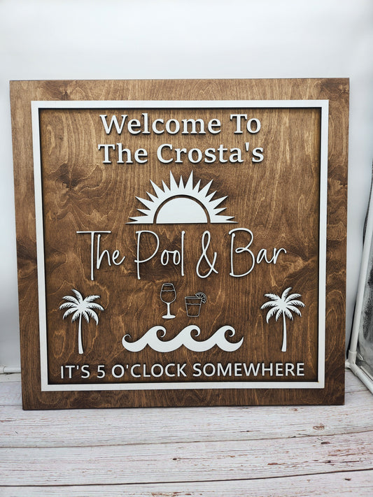 Custom Pool & Bar Sign – Personalized Outdoor Bar Sign | Backyard Patio Decor | It’s 5 O’Clock Somewhere Wall Art